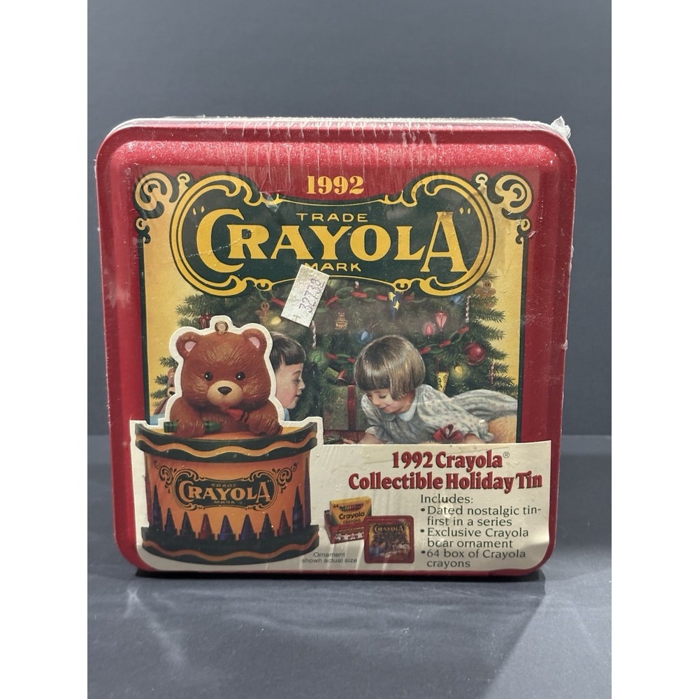 Vintage 1992 Crayola Collectible Holiday Tin, Bear Ornament, 64 crayons SEALED